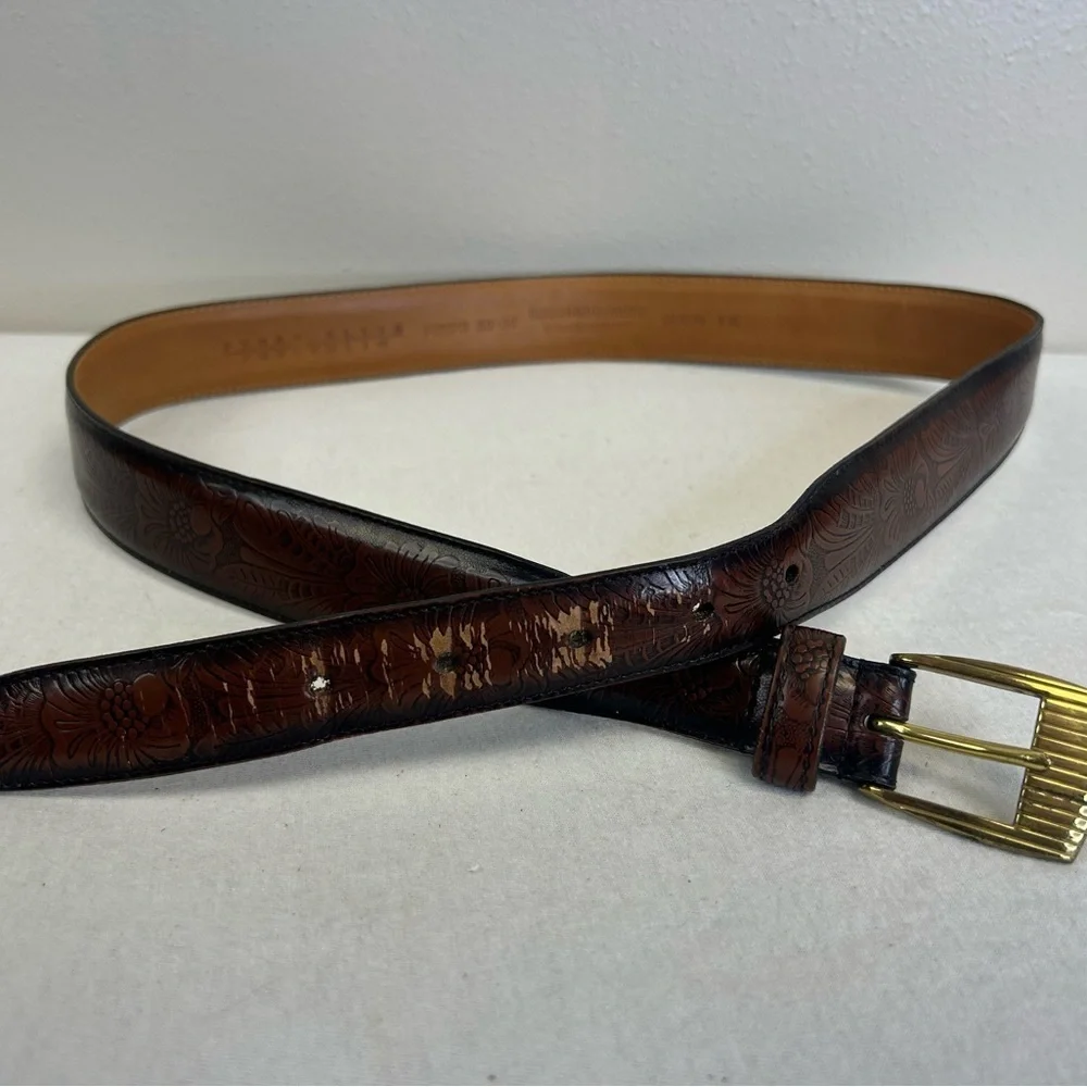 Perry Ellis 36 Brown‎ Embossed Leather Belt with Gold Buckle Cowhide Floral